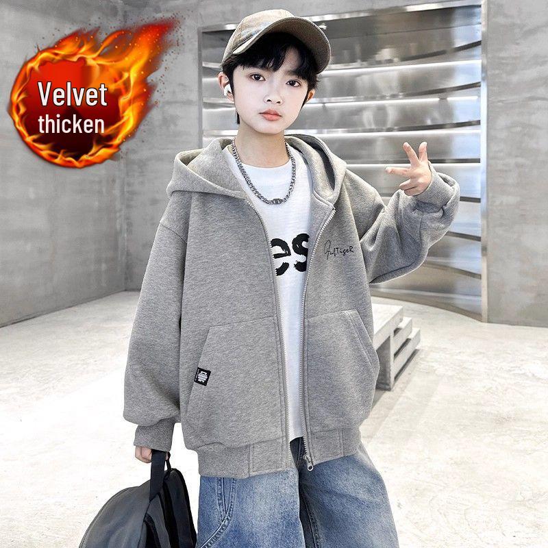 Kids' Trendy Zipper Hoodie: Autumn/Winter Velvet-Lined Loose Cardigan for Boys & Girls
