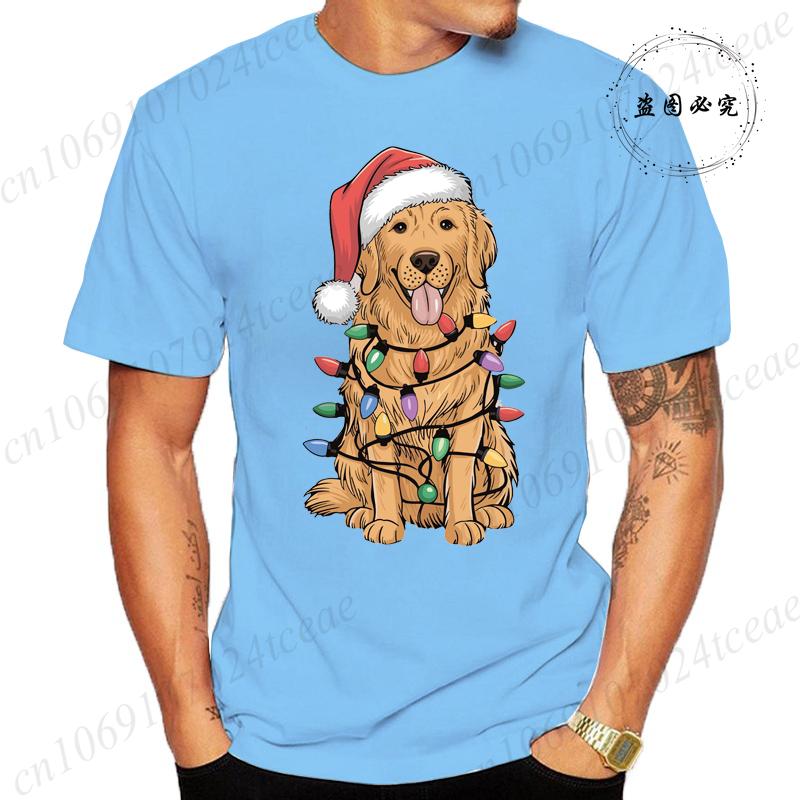 New Mens TShirts Christmas Golden Retriever Print TShirts Round Neck Short Sleeve Casual Tshirt Happy New Year Dog Shirts