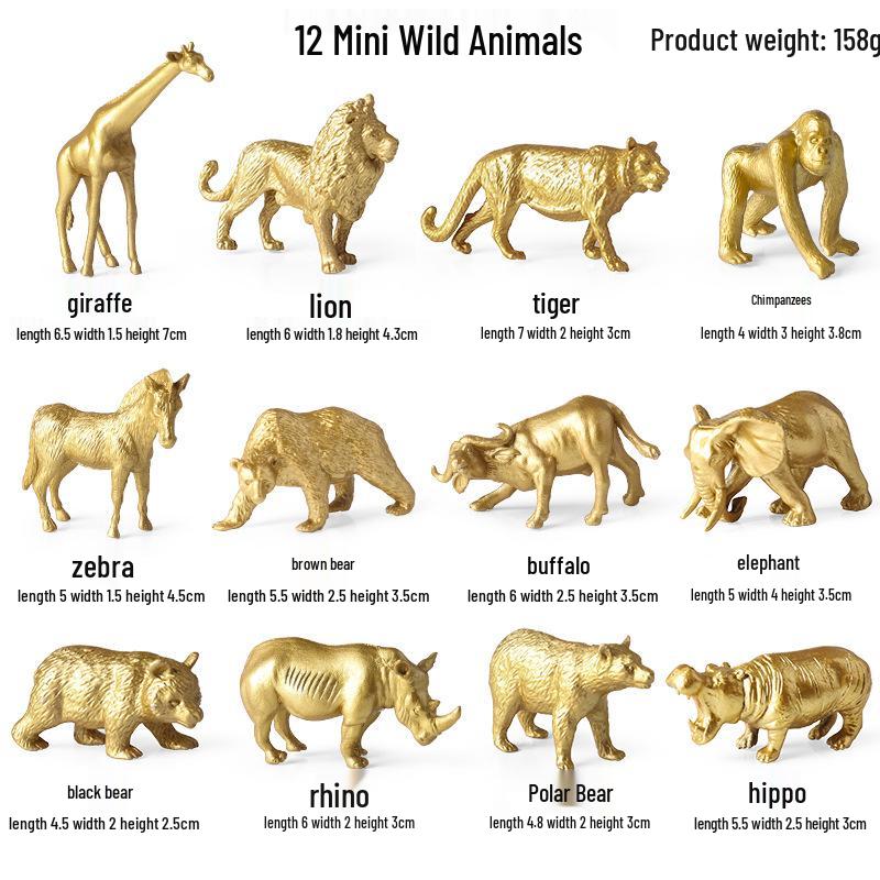 Wild Animal Mini Models: Golden Giraffe, Lion, Tiger, Orangutan, Zebra, Buffalo, Elephant, Rhino, Black Bear