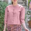 ZANZEA Women Casual Round Neck Retro 3/4 Sleeve Satin Blouse