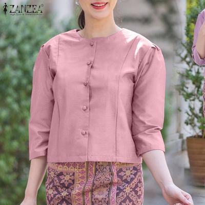 Women Casual Round Neck Retro 3/4 Sleeve Satin Blouse