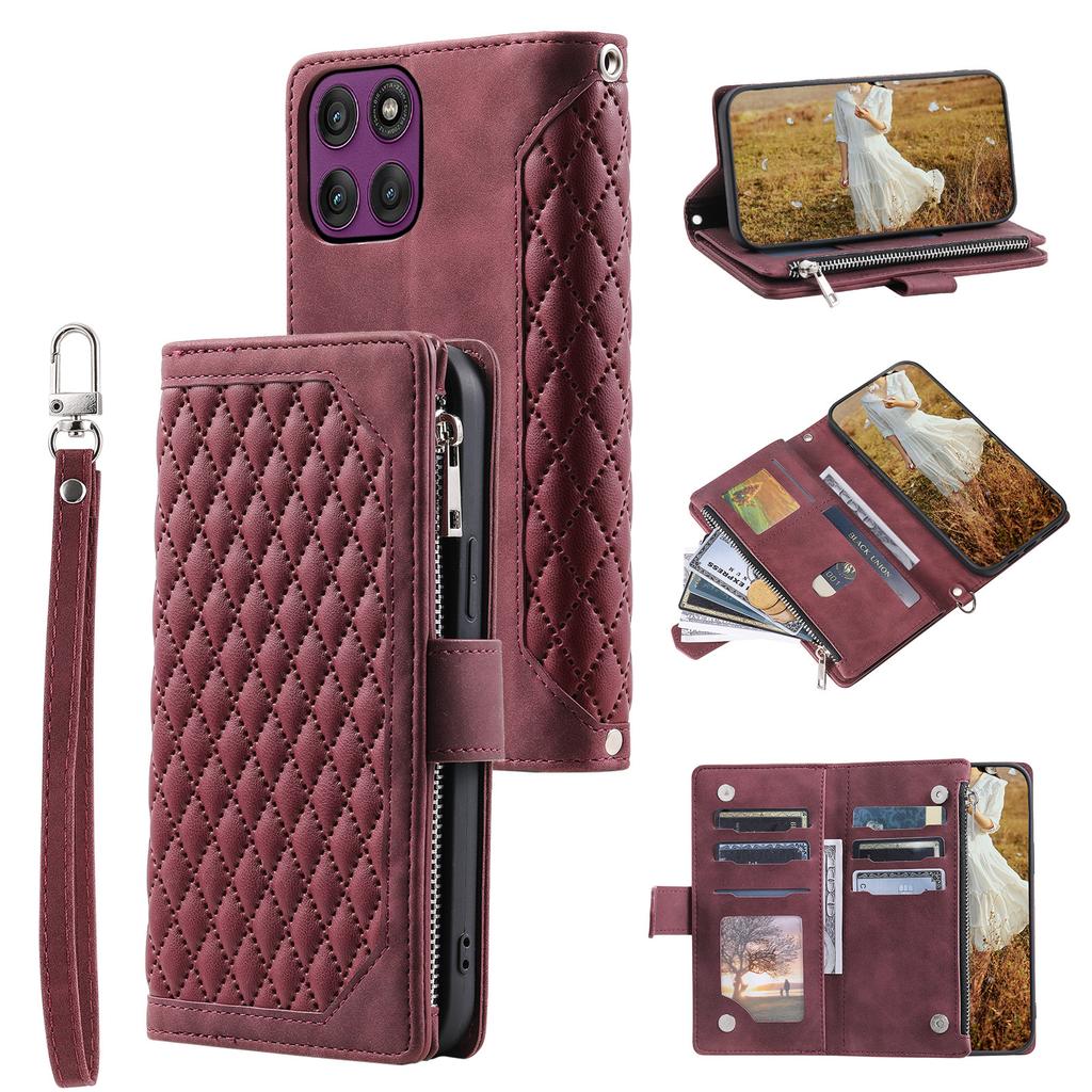 For Motorola Moto G56 5G Wallet Case Rhombus Stitching Line PU Leather Phone Cover with Wrist Strap