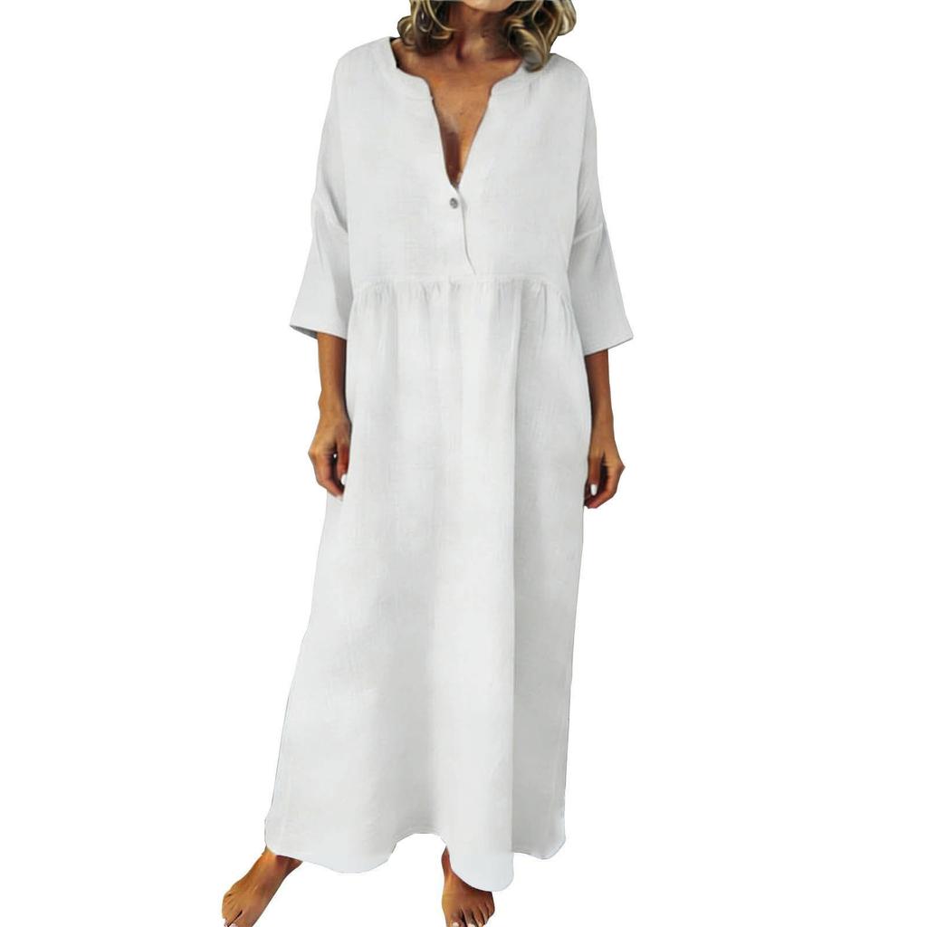 Women's Fashionable Cotton-Linen Long Dress Loose-Fit Casual V-Neck Plus Size Dress