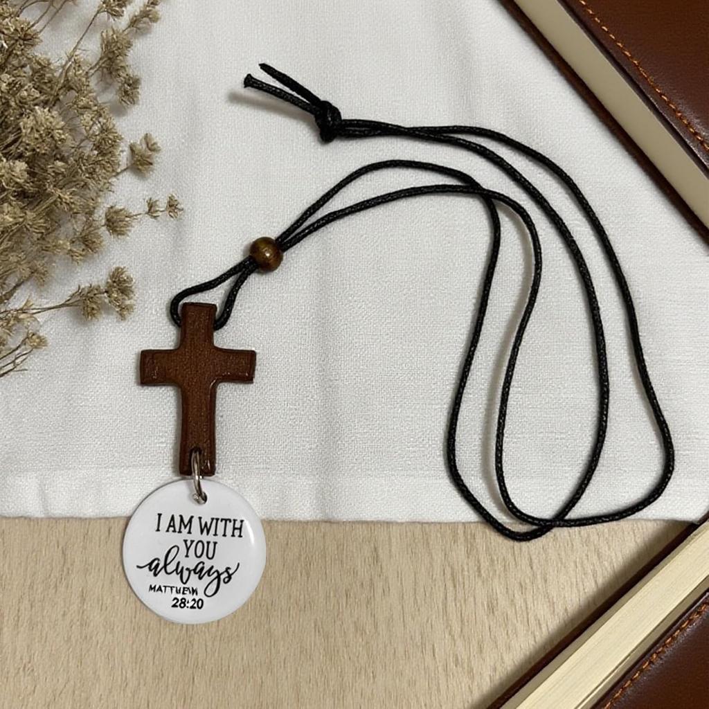 Daily Bible Verse Rearview Mirror Cross Ornament –Cross for Car Mirror Hanging Ornament with ‘I Am with You Always’ Medallion, Christian Gift