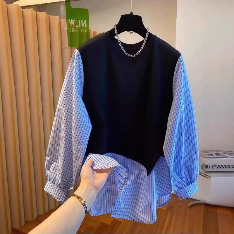 Damen Übergröße Gestreiftes Zwei-in-Eins Sweatshirt - Schlankmachendes Langarm-Oberteil für den frühen Herbst 2025