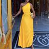 Damen Modisches Einfarbiges Lässiges Sexy Temperament Ein Schulter Schräger Kragen Plissiert Ausgeschnitten Kleid Langes Kleid