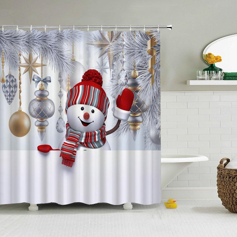 Frohe Weihnachten Duschvorhänge 3D Badvorhänge Schneemann Weihnachtsmann Baum Hirsch Dekorativer Polyesterstoff 180*240Cm Sichtschutz