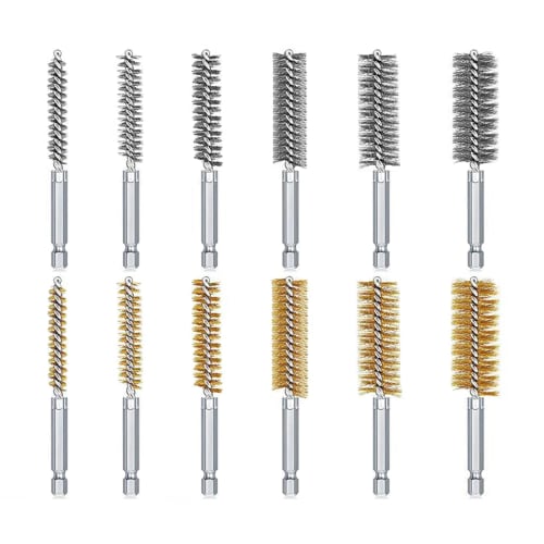 

KIMLONTON Wire Brushes, Hexagonal Shaft Tube Brushes, 8mm-19mm, Set of 12, Stainless Steel and Brass Polishing Brushes for Electric Drills, Polishing