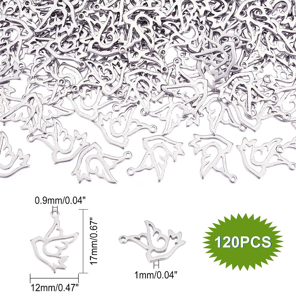 120Pcs 304 Stainless Steel Bird Pendants Laser Cut Hollow Dove Stainless Steel Color 17x12x1mm Hole: 0.9mm