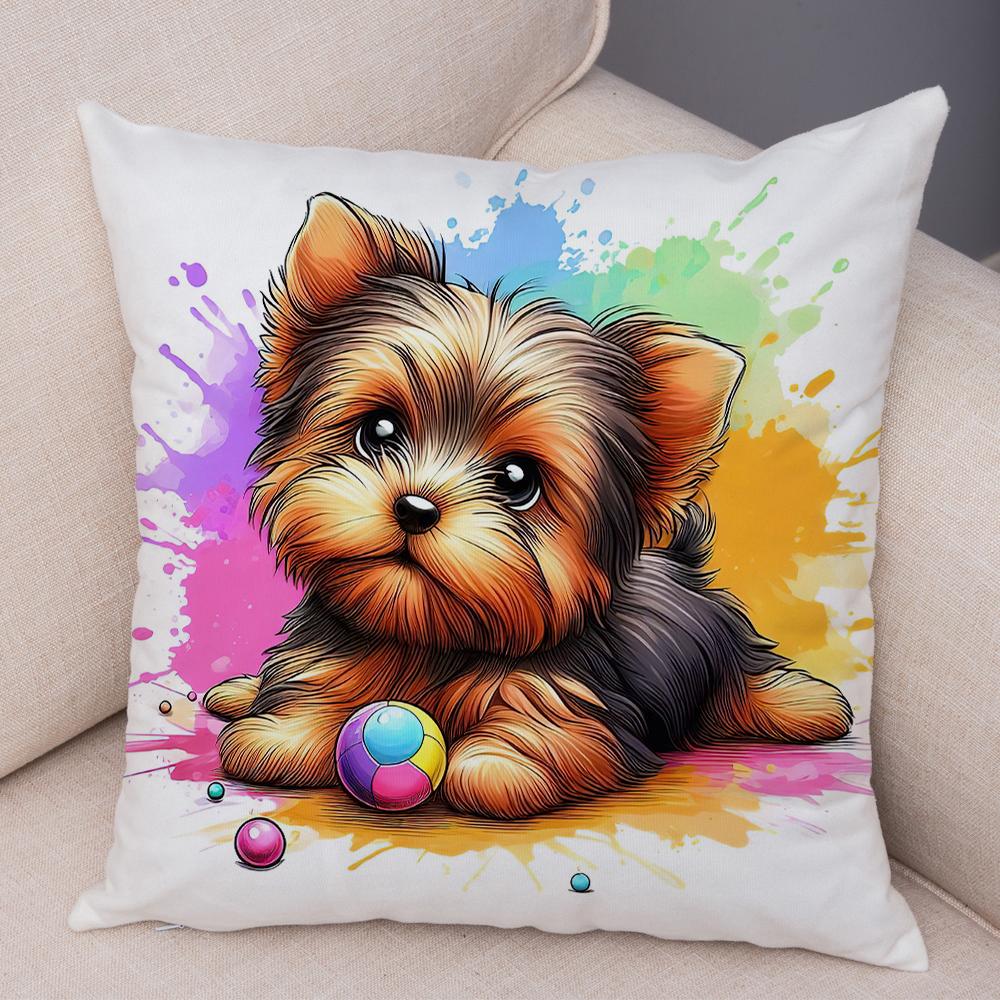 Adorable Watercolor Yorkshire Terrier Floral Bow Print Throw Pillow Cover Gentle Skin Touch Sofa Bedroom Household Decor Present