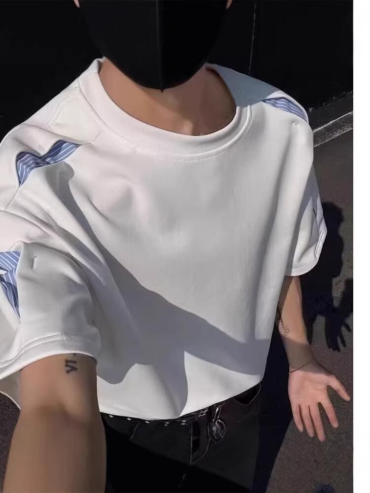 Unisex American Patchwork Short Sleeve T-shirt - Casual Summer Style, Loose Fit Round Neck.