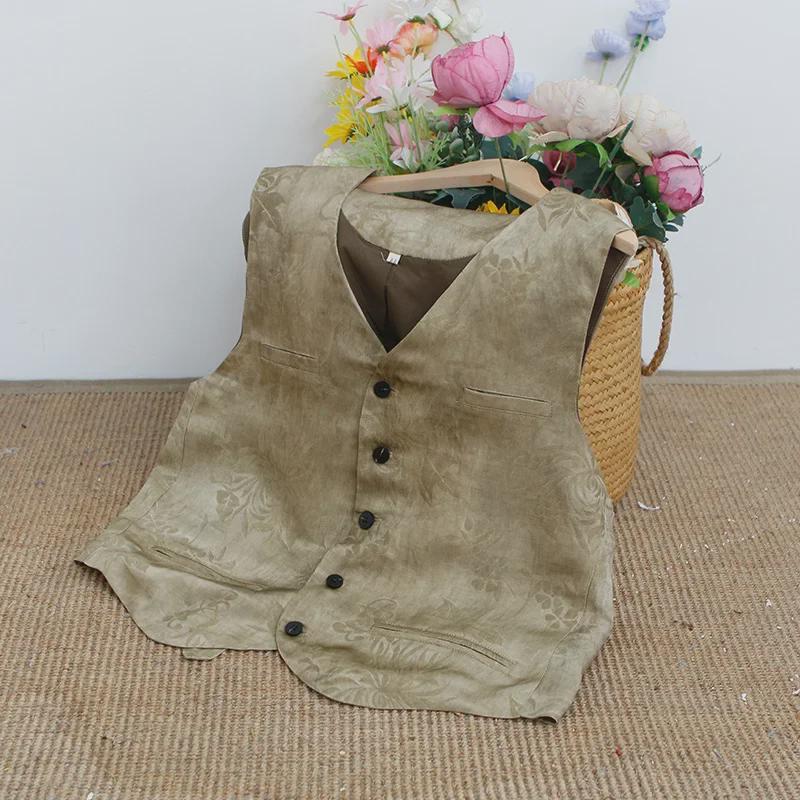 Spring/Autumn Women's Vest Suit: Silk Linen Blend with Jacquard, Long Midi Skirt B0203