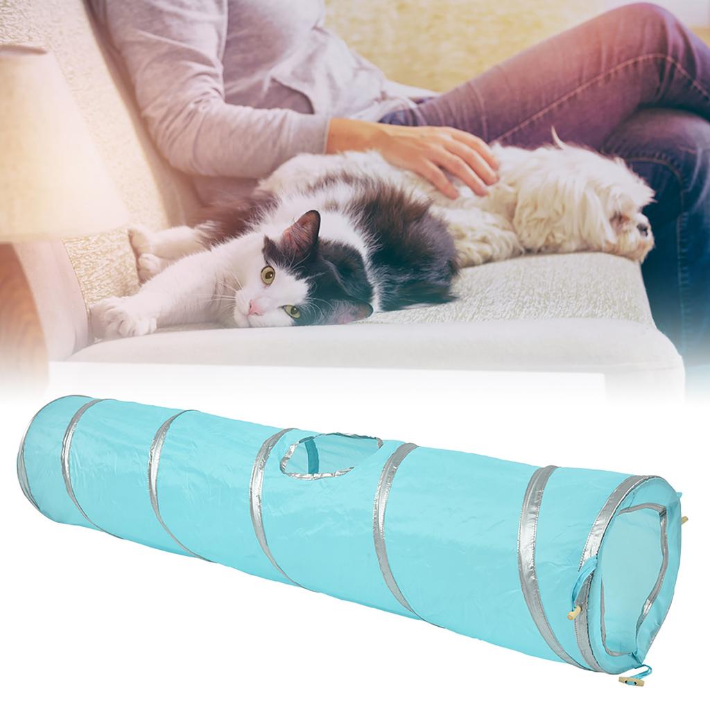 120cm Folding Cat Crinkle Tunnel Play Toy with Ball and Hole Kitten Cat Toy Blue