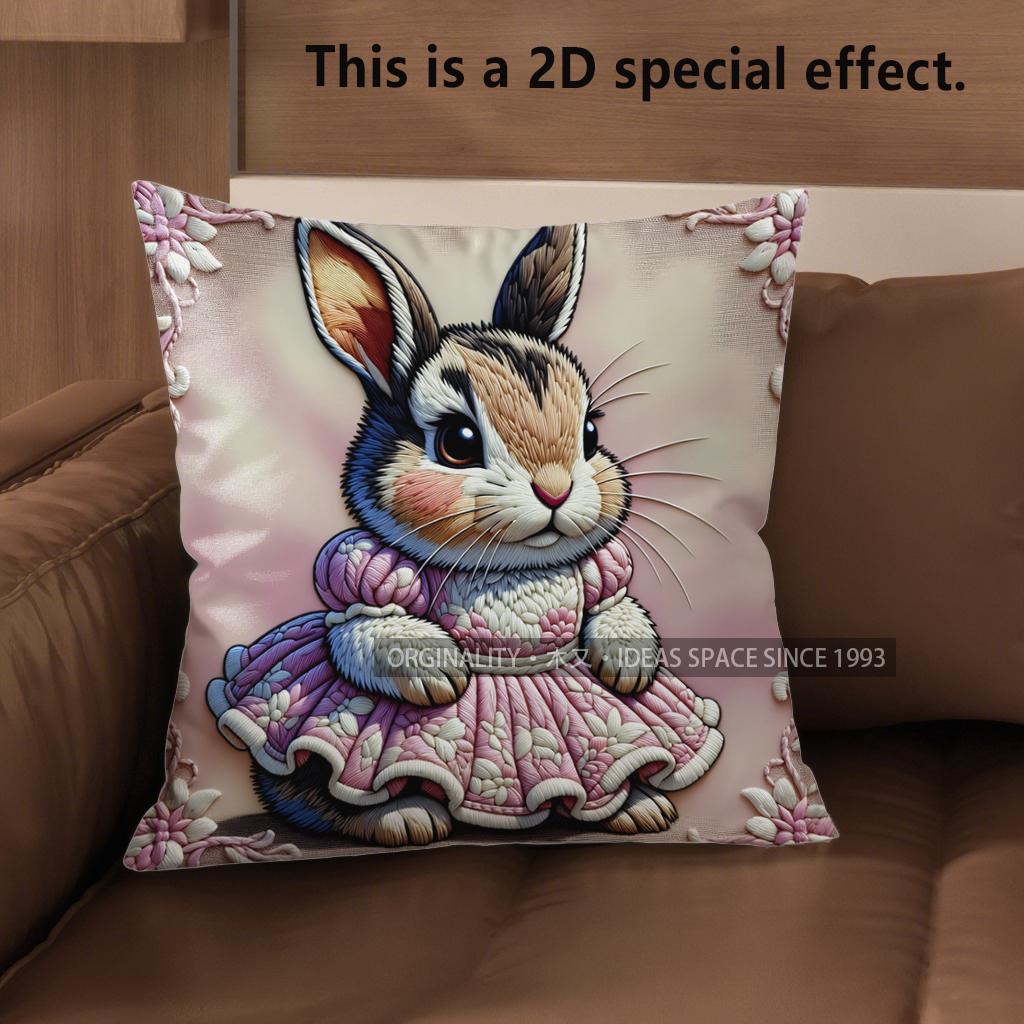 2D Cute Bunny Dressed In Flowers Pillow Covers Pattern Cushion Cover Suitable For Sofa Bedroom Car Pillow Cover