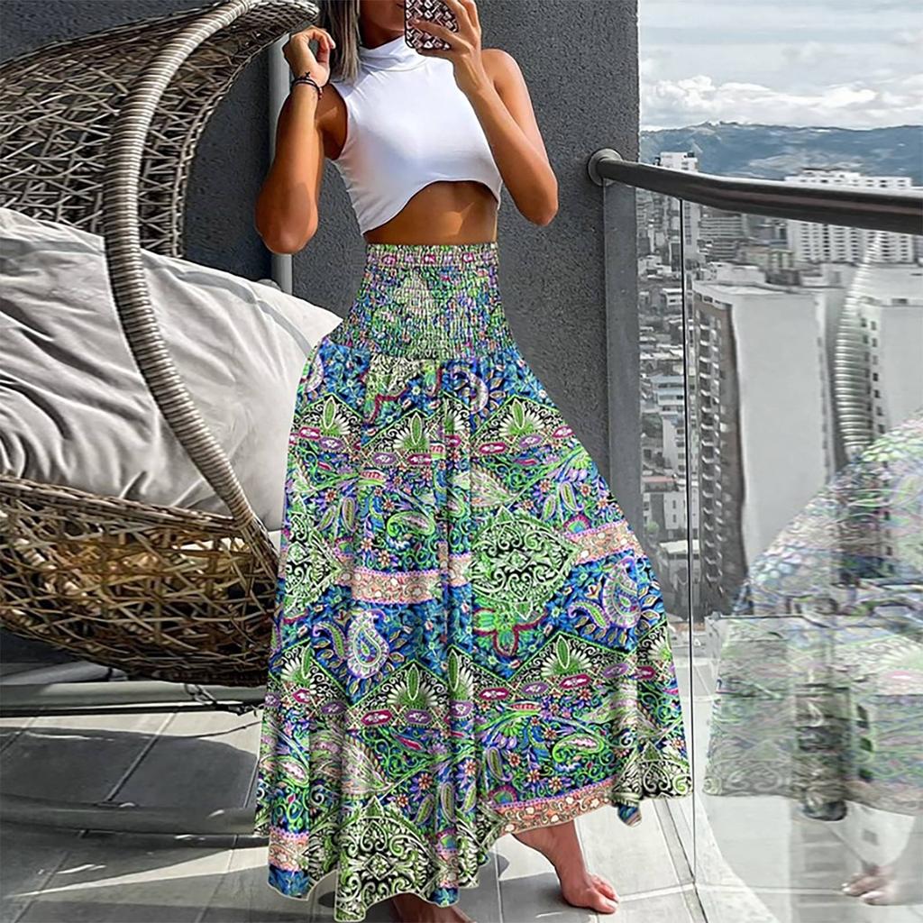 Women’s Casual Loose Boho Elastic Waist A-Line Beach Flowy Swing Vacation Floral Printing Maxi Skirt