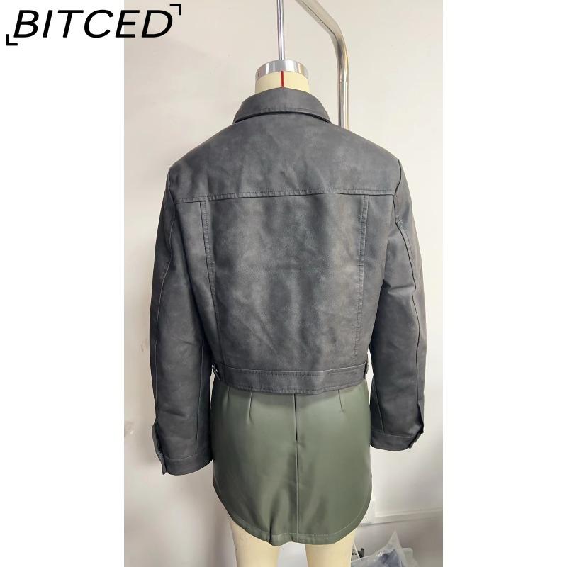 BITCED Spring/Autumn Lightweight Leather Jacket for Women Multi-Pocket Cardigan Style Casual Jacket Fashionable Trendy Everyday Outerwear