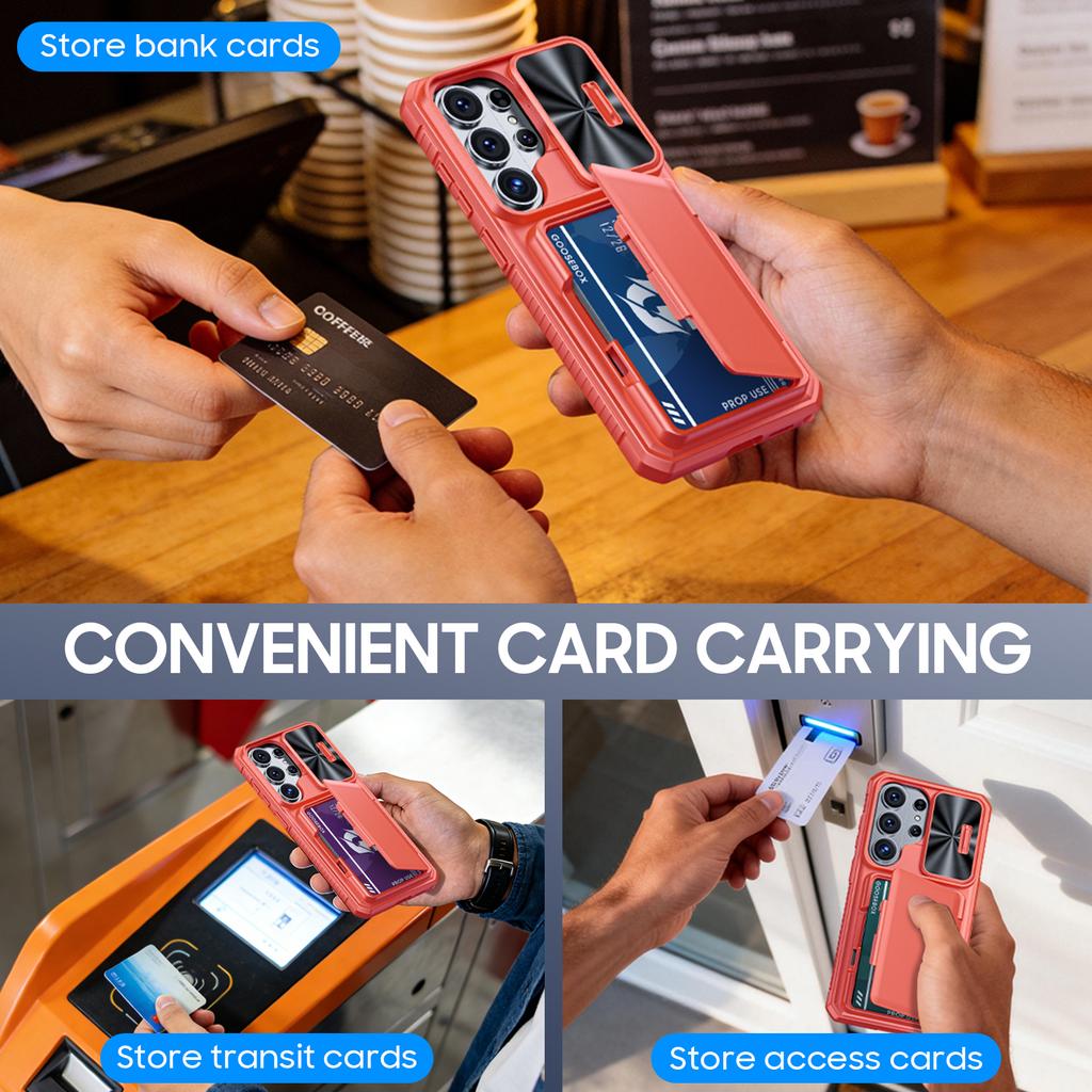 Avec Porte-Cartes, Cache-Objectif Coulissant et Support pour Étui de Téléphone Samsung Galaxy S26 Ultra, Étui Portefeuille Anti-Chute en PC+TPU - Rose Clair