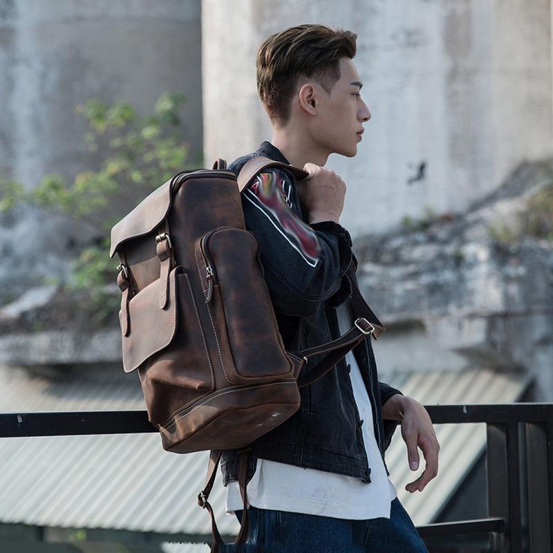 Genuine Leather Bag Handmade Cowhide Backpack Men's Large-capacity Motorcycle Men's Bag Cycling Travel Leather Bag Tide Brand Computer Backpack