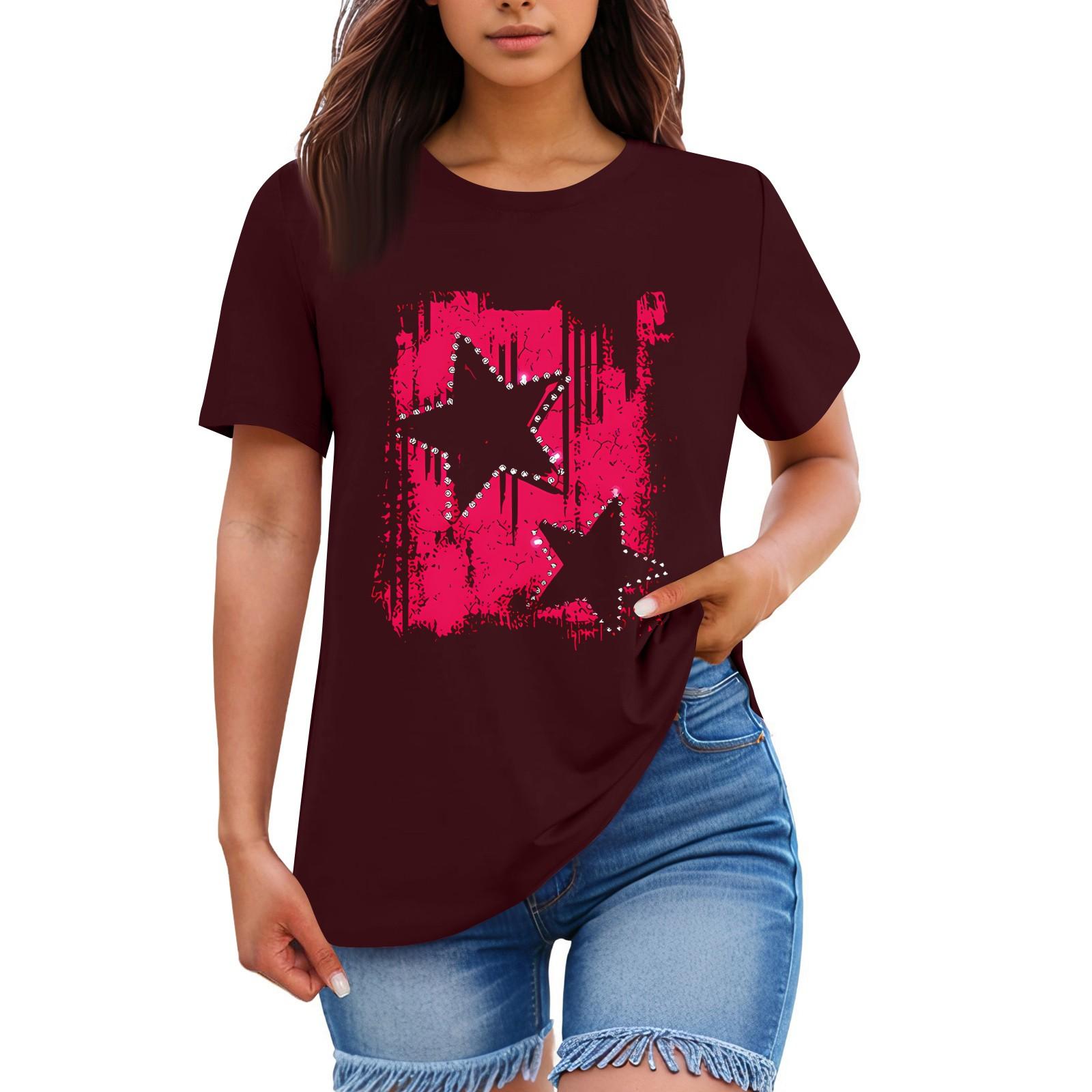 

Ladies Loose Comfortable Casual Fashionable star Pattern Printed Round Neck Short Sleeved Shirt XL винний