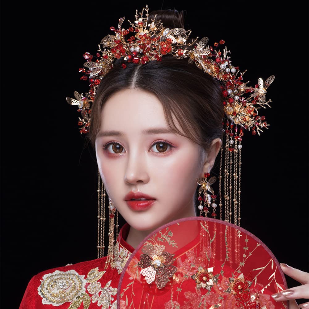 Chinese Wedding Bride Hair Accessory Chinese Crown Wedding Hair Accessories Red Flower Floral Beaded Flapper Headband Jeweled Bridal Wedding Tiara