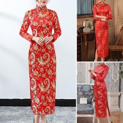 Klassisches chinesisches Damenkleid im chinesischen Stil, Vintage-Blumendruck, Stehkragen, lange Ärmel, seitlicher Schlitz, knöchellang, Maxikleid, Qipao, Cheongsam