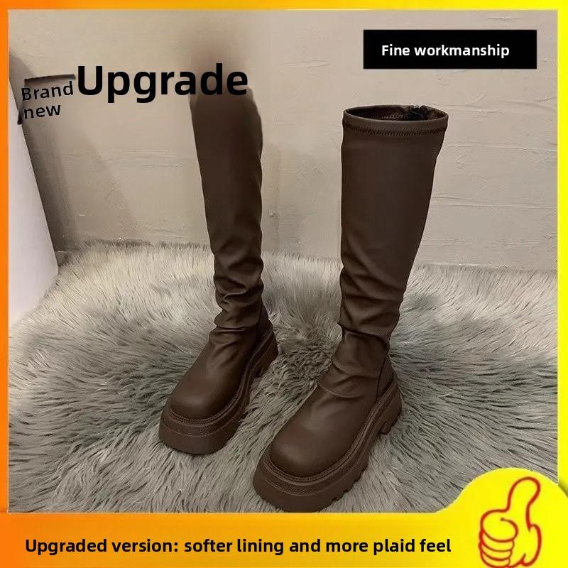 

Модная осенняя новинка, дизайн из мягкой кожи, женские ботфорты выше колена, длинная труба, толстая подошва, увеличивающая рост, эластичные, слим, ботильоны, резиновая подошва 40