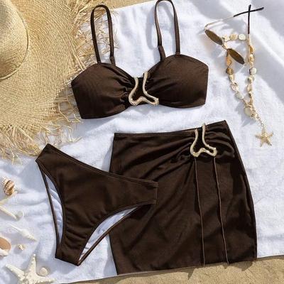 Neues dreiteiliges Bikini-Set für Damen, sexy, modisch, schlicht, einfarbig, unregelmäßig mit Gold verziert