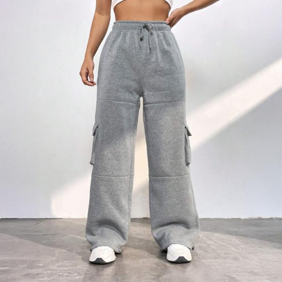 Women Cargo Pants Elastic High Waist Adjustable Drawstring Long Pants with Multi Pockets Wide Leg Design Solid Color Casual Pants