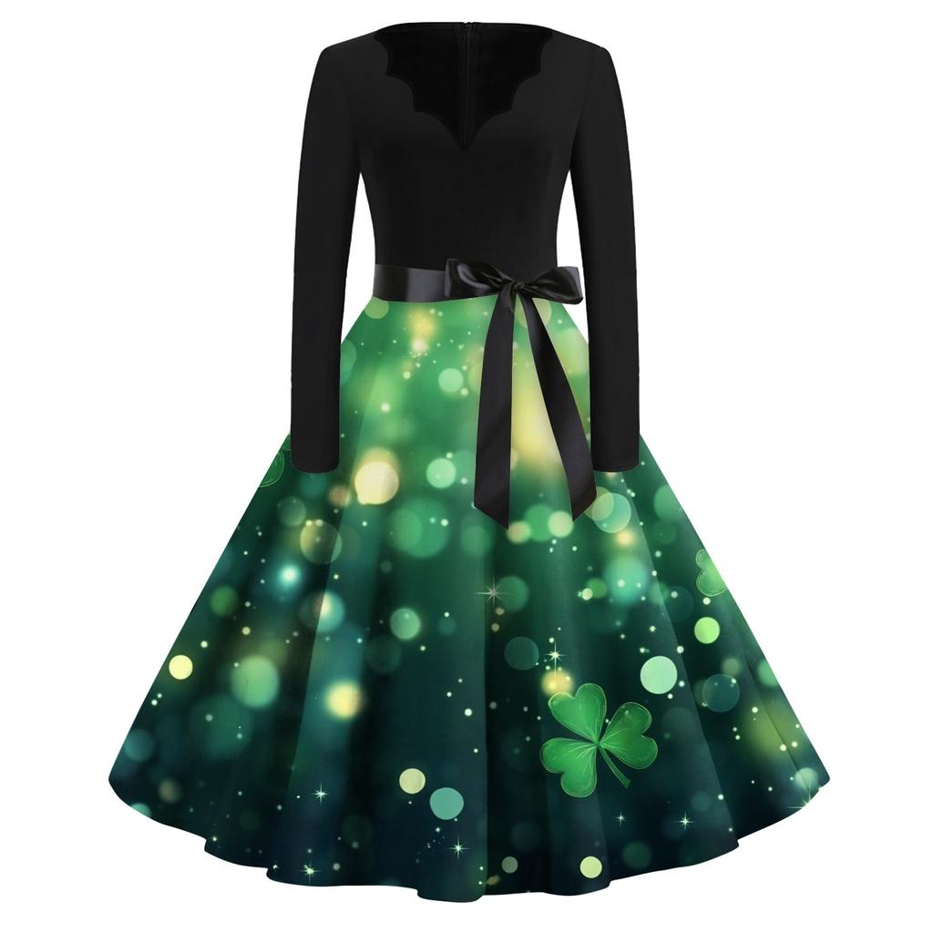 Women's Fashion V-neck Casual Slim St. Patrick Print Long-sleeved Dress
