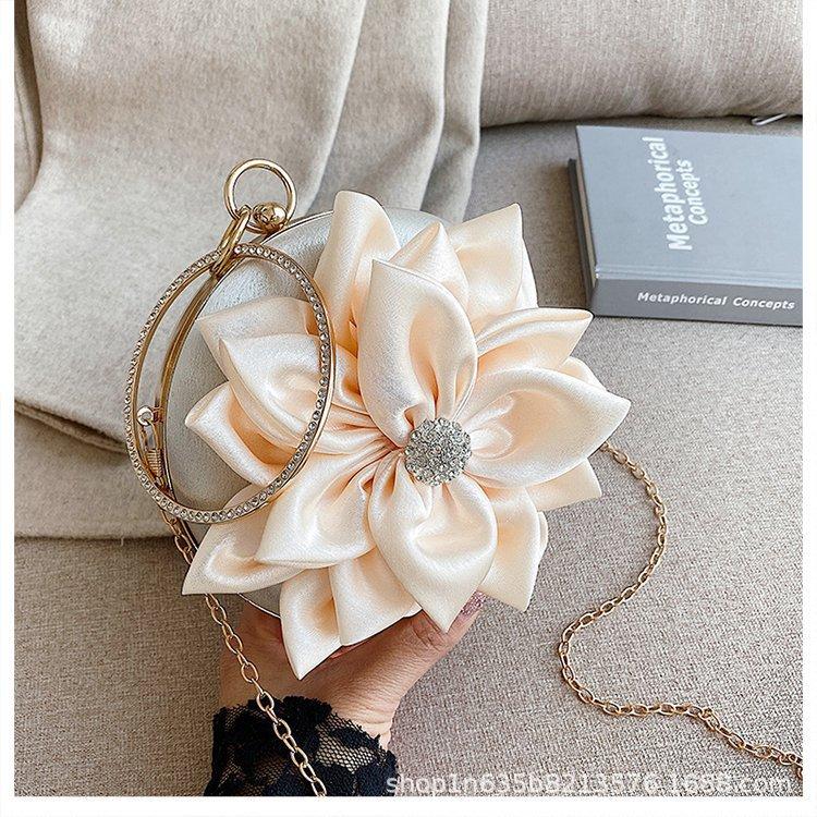 Red Flower Clutch Purse Women Round Evening Bag Crystal Diamond Wedding Silk Handbag Exquisite Chain Shoulder Bags