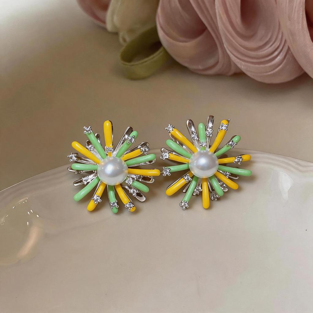 Silver Needle CZ Enamel Pearl Flower Stud Earrings - Personalized, Sweet & Versatile Accessories