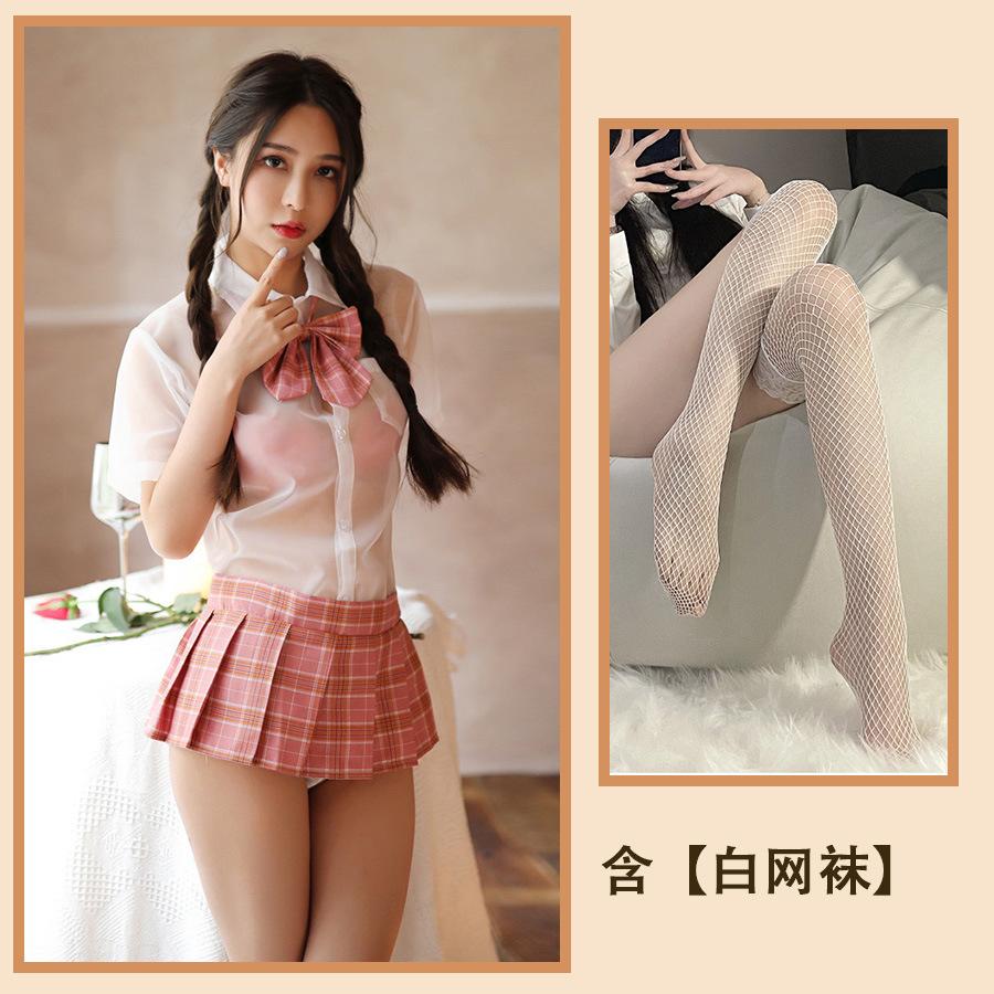 Sex clothes Sexy student clothes Uniform Transparent shirt Bow plaid pleated skirt suit Seduction women