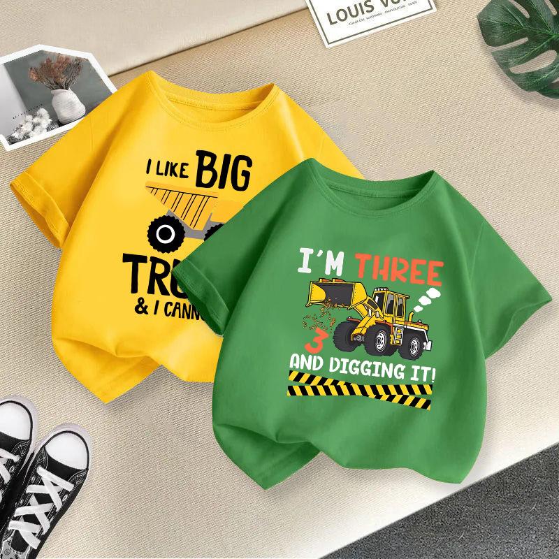 2025 Children Cute Excavator T-Shirt Combination Cartoons Bulldozer Tee Shirts Kawaii Kid Casual Clothes Girl Boy Harajuku Tops