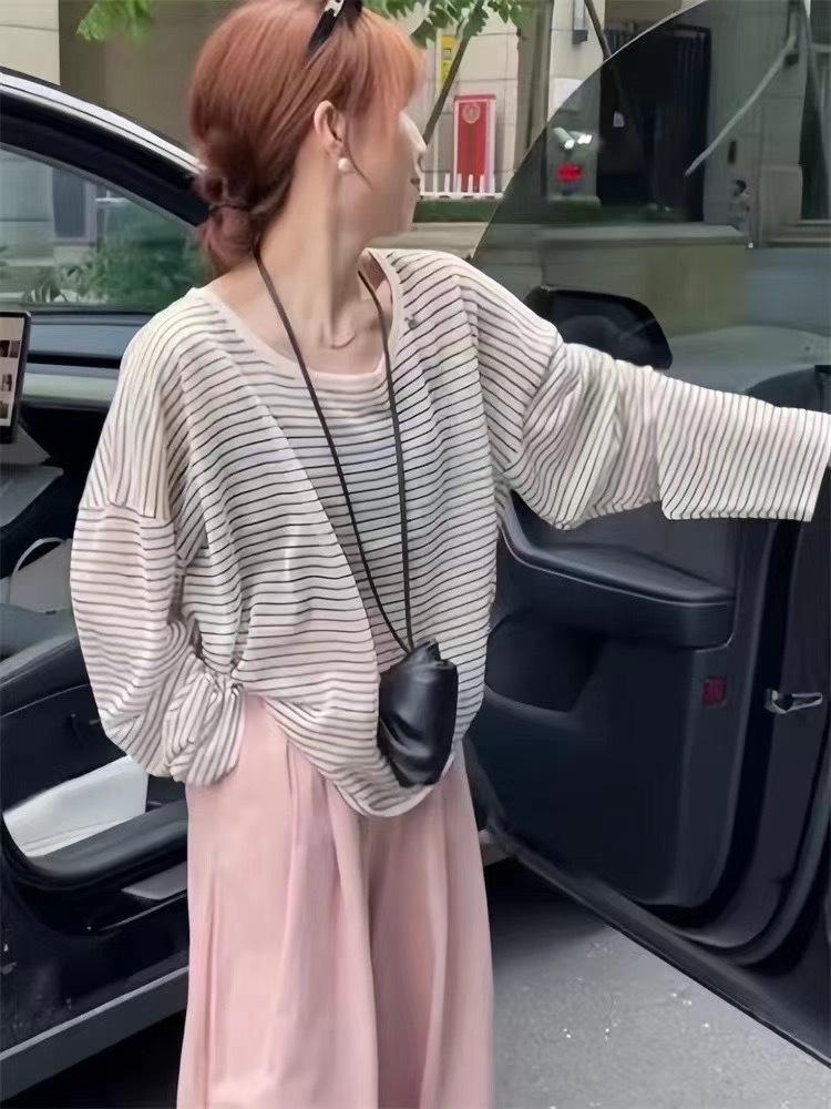 Relaxed Lightweight Summer Striped Knitwear: Women's Long Sleeve Loose Sun Protection Pullover Top