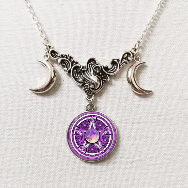 Triple Moon Silver Necklace with Full Moon and Crescent Pendant
