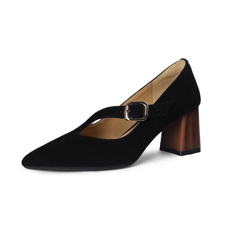 Fashion 2025 Spring Women Shoes Pointed Toe Chunky Heel Women Pumps Sheep Suede High Heels Belt Buckle Shoes for Women zapatos de mujer