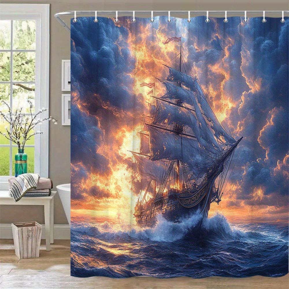 

1Pc Sunset Sailing Shower Curtain - Three-Masted Ship At Golden Hour With Dramatic Pink Purple Clouds & Turbulent Waves W60H190(CM)-1 Pcs