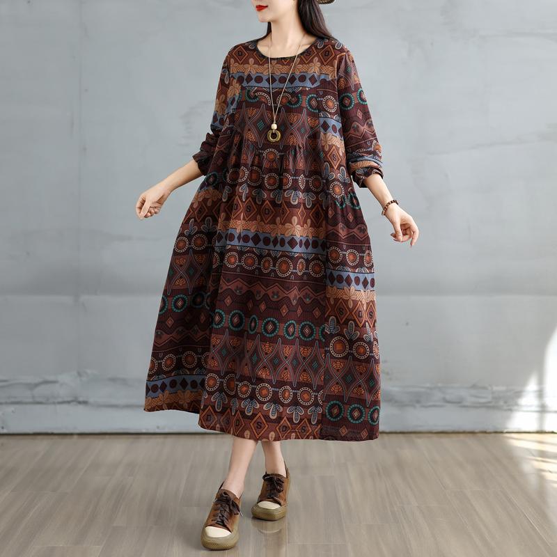 Dimanaf 2025 Women Plus Size Spring Long Dress Loose Basic Printing Vintage Casual Floral Oversize Long Sleeve Maxi