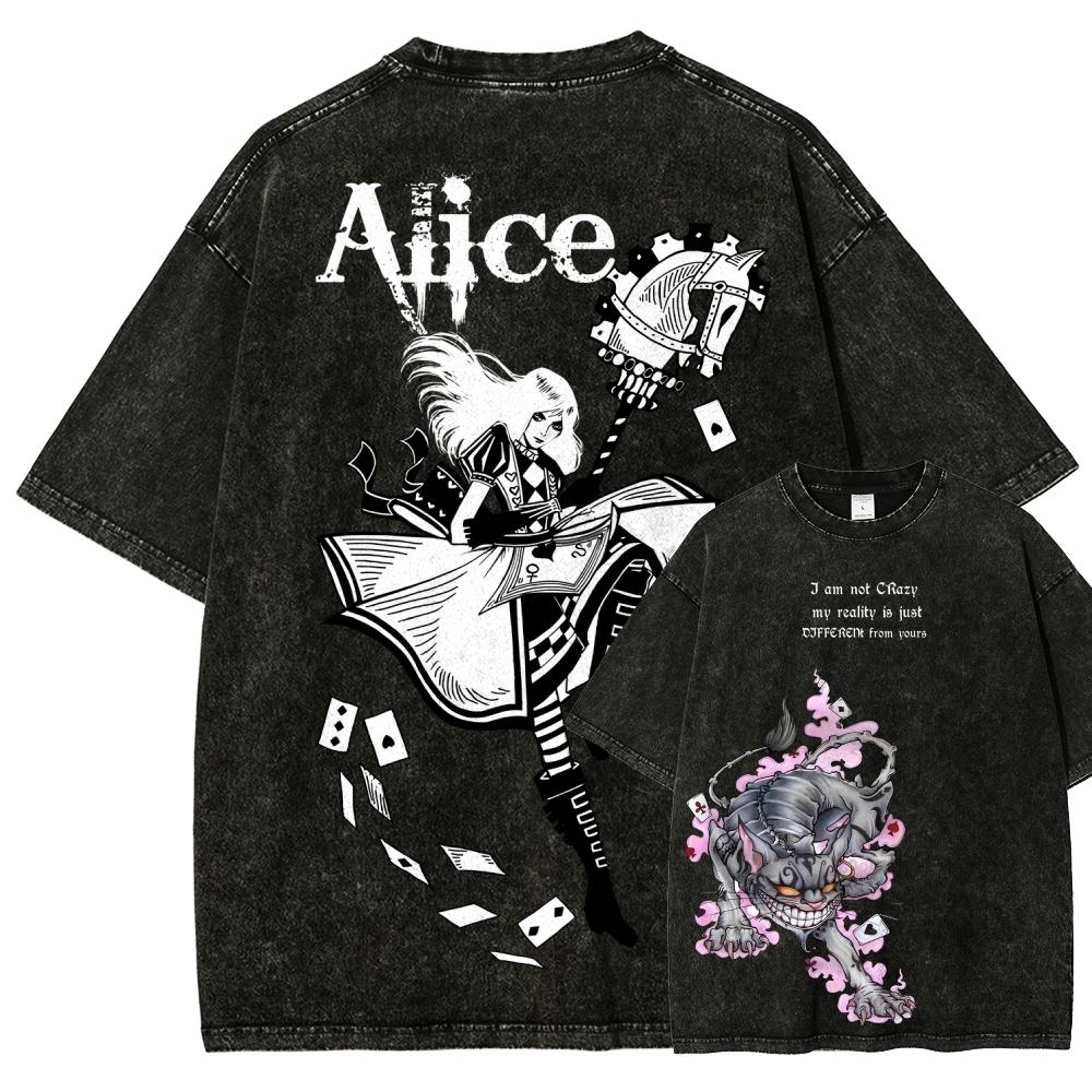 Alice Madness Returns Vintage Washed Graphic Print T Shirt Unisex Crew Neck Short Sleeve Cotton Casual Streetwear Fashion Tees Tops for Men Women