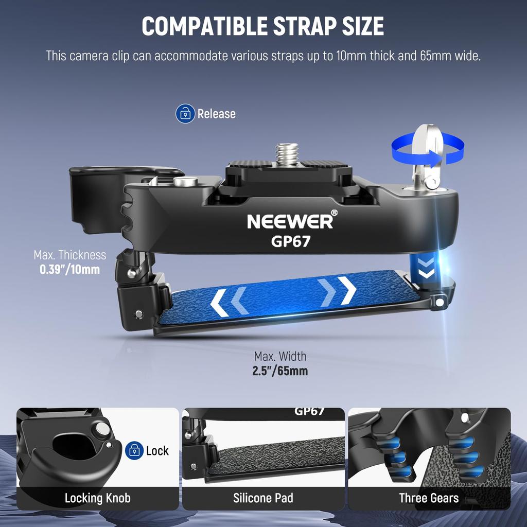 NEEWER GP67 Backpack Camera Clip Mount Square QR Quick Release Belt Strap Clamp Compatible Peak Design PD System DSLR Black