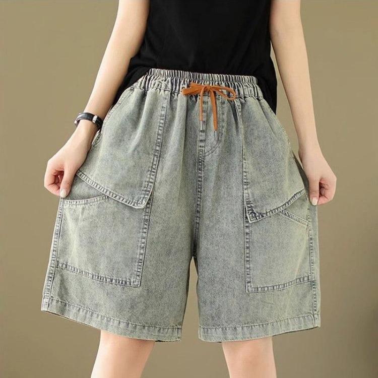 High Waist Denim Shorts Women Loose Wide Leg Vintage Pants Cotton Elastic Summer Big Size M