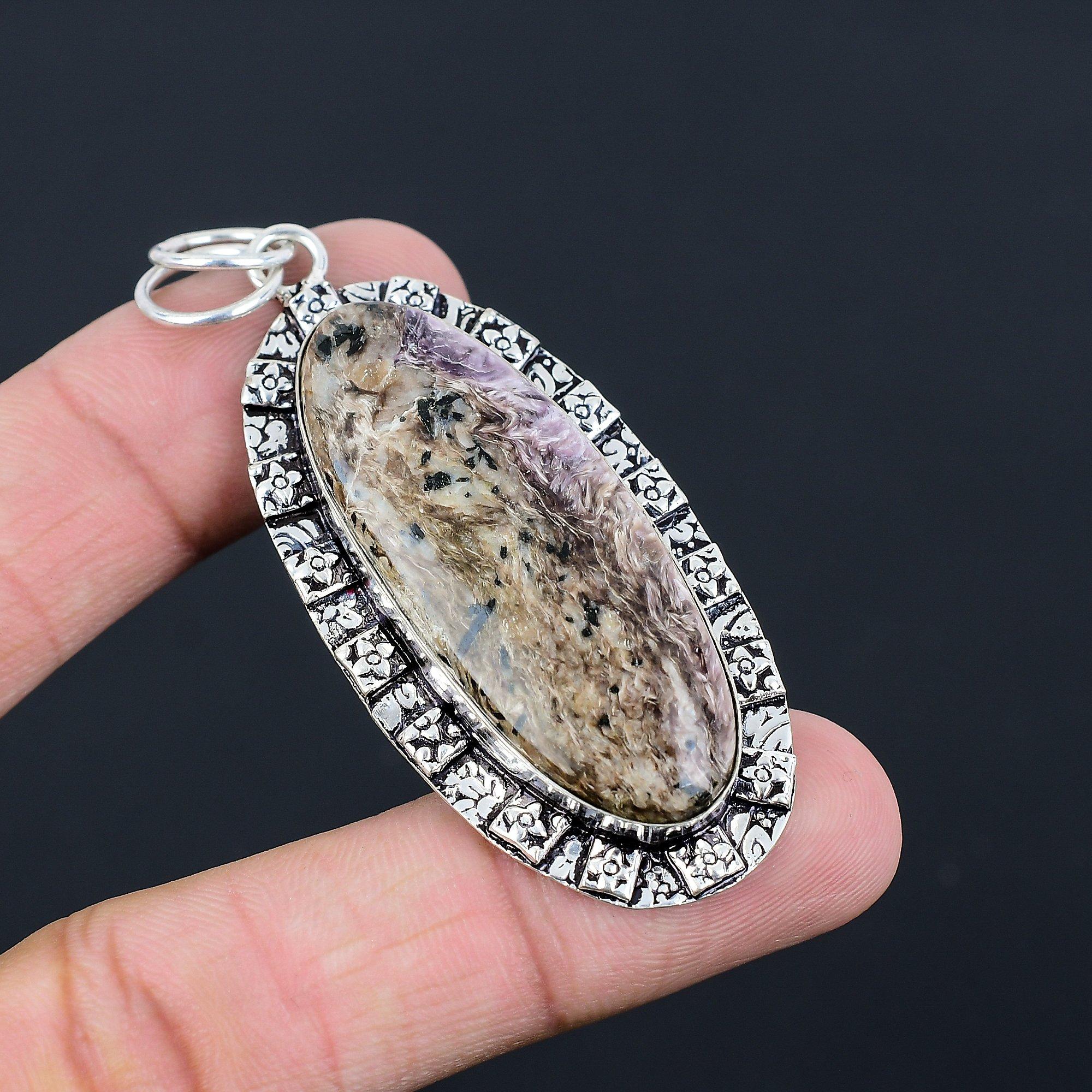 925 Silver Third Eye Chakra Charoite Stone Bezel Anniversary Ethnic Wife Pendant