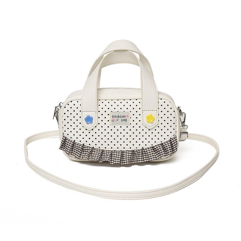 

Stylish Polka Dot Bowling Bag Plaid Ruffle Trim Cute Mini Handbag Casual Sweet Versatile Crossbody Bag Zippered Shoulder Bag