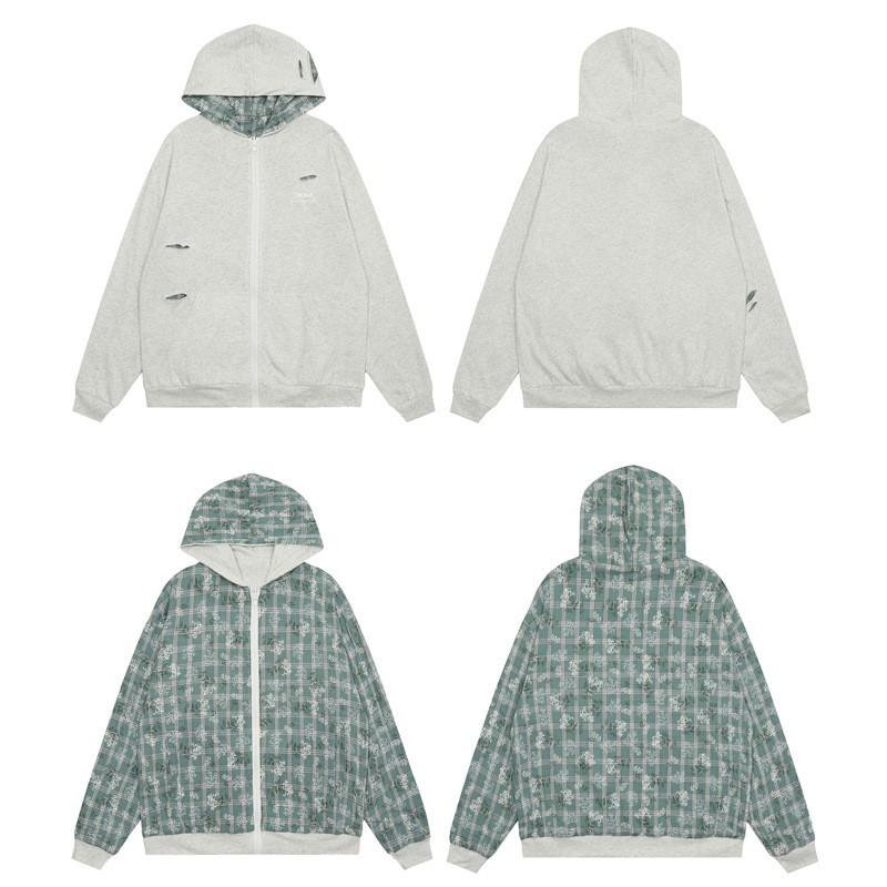 Unisex Reversible Distressed Hooded Sweatshirt Loose Fit Streetwear Casual Jacket