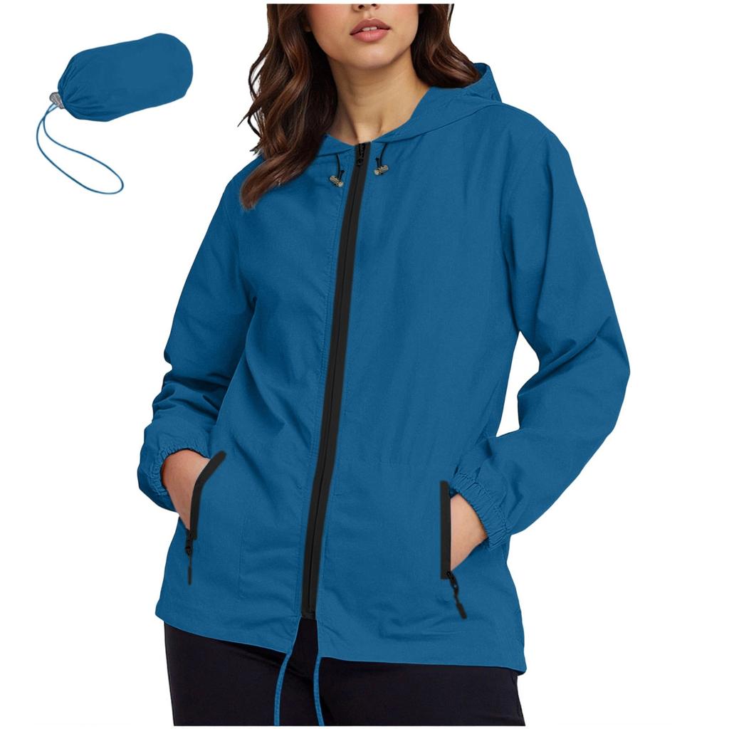 Women's Fashionable Casual Classic Plus Size Lightweight Zipped Long-Sleeved Hooded Jacket Foldable Outerwear With Packable Storage Pouch