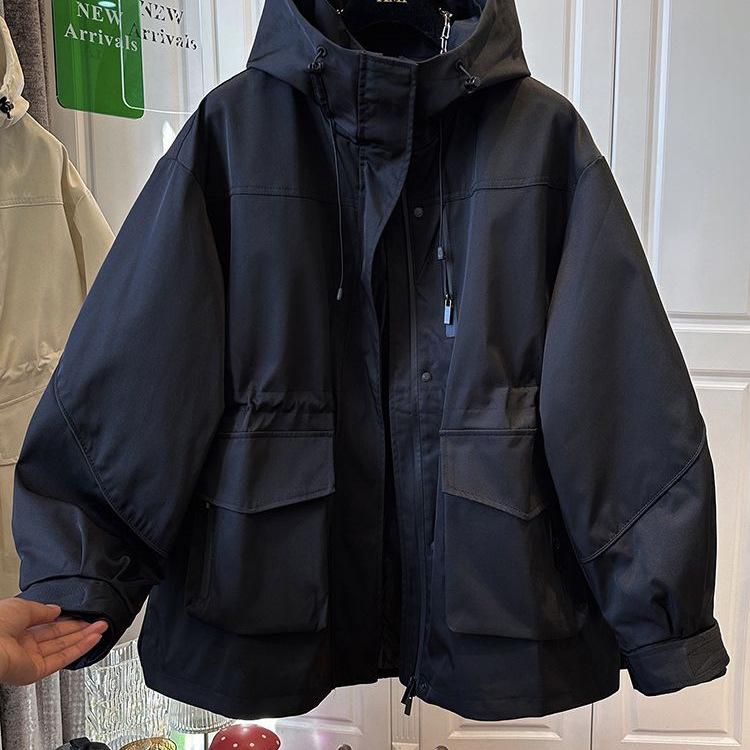 European Women's Khaki Hooded Waist-Cinching Windbreaker - Sporty Workwear Jacket for Early Spring/Autumn