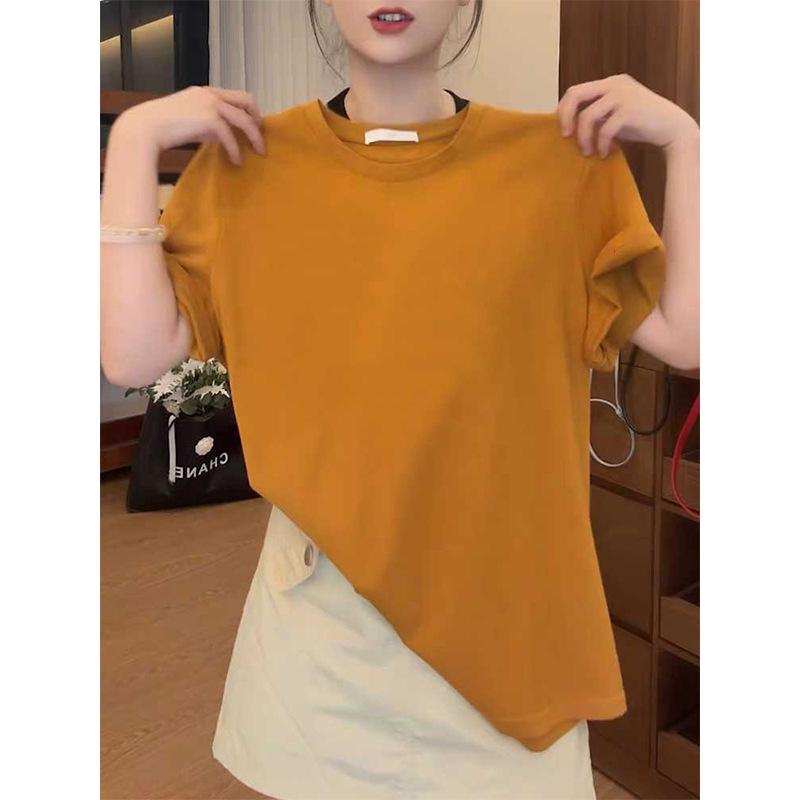 Damen Gelbes Baumwoll-Kurzarm-T-Shirt, Neu für 2026—Modisches, Vielseitiges, Elegantes und Altersmilderndes Sommeroberteil