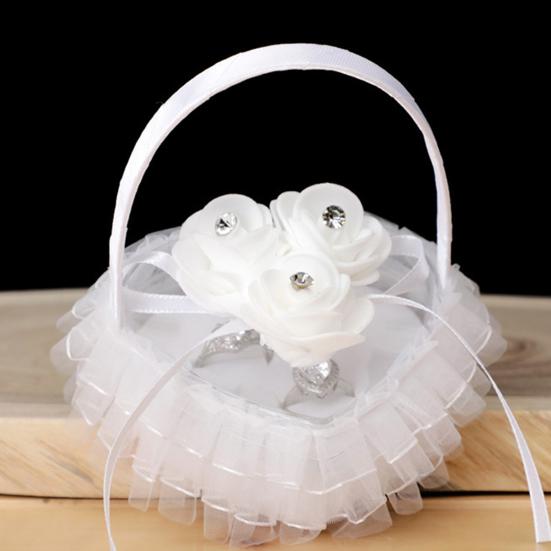 Wedding Ring Basket Flower Decor Rhinestone Solid Color Heart Shape Mesh Hold