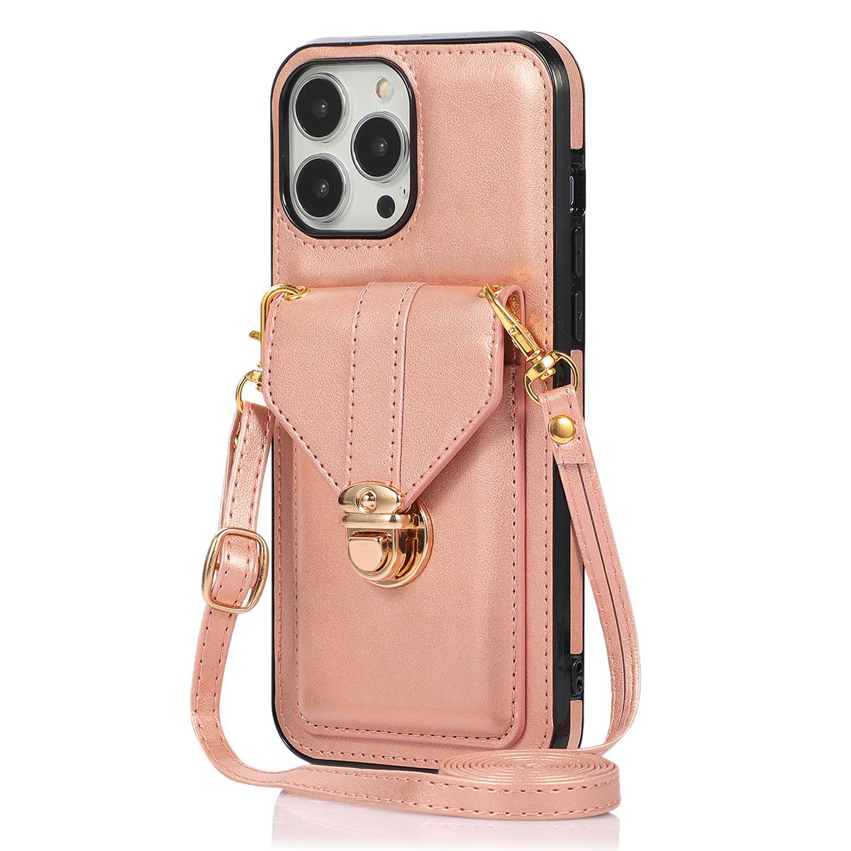 

For iPhone 16 Pro Max Case Card Holder Kickstand PU Leather+TPU Phone Cover with Shoulder Strap Rose Gold