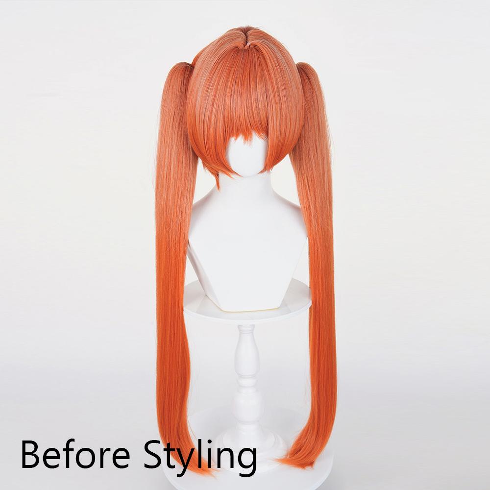 Orange Long Straight Double Ponytail Clip Synthetic Wigs with Bangs Fluffy Anime Game Cosplay Wig for Daily Party